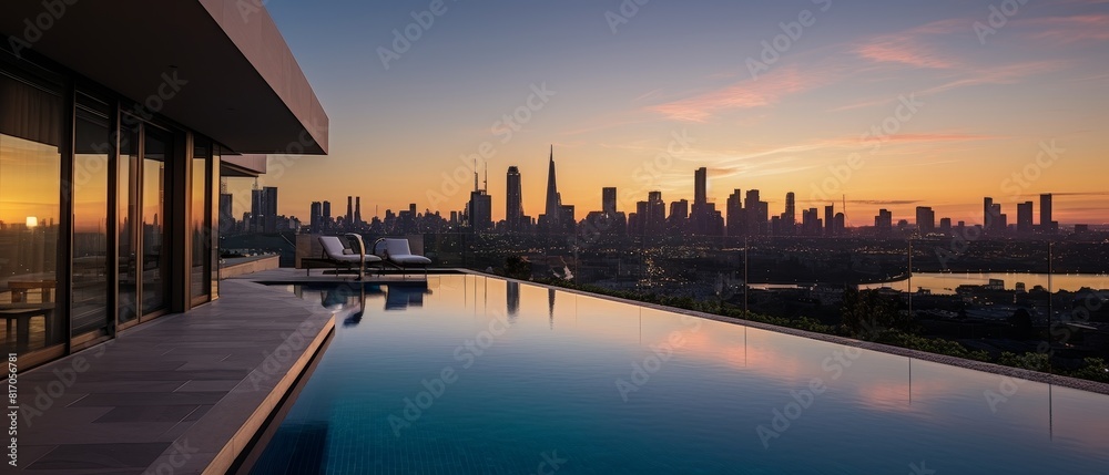 Luxury pool overlooking city skyline at sunset Luxury pool overlooking city skyline at sunset