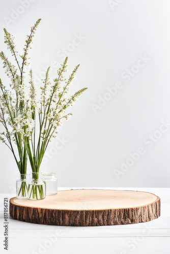 Minimal modern product display on white background. Wood slice podium and spring brunches. Concept scene stage showcase for new product  promotion sale  banner  presentation  cosmetic