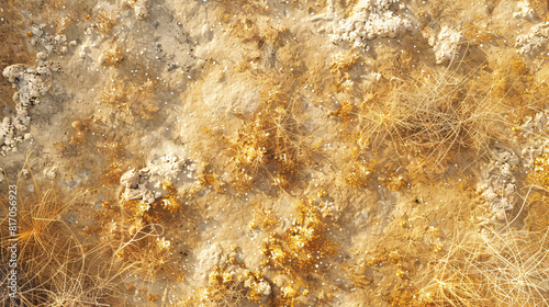 Top view of a barren saline soil field, displaying a patchy distribution of salt crystals and sparse vegetation struggling to grow in the harsh environment photo