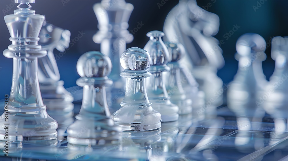 Close-Up of Elegant Glass Chess Pieces on Reflective Board Close-Up of Elegant Glass Chess Pieces on Reflective Board