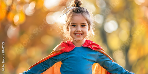 niña pequeña jugando haciendo travesura disfrazada de superhéroe.