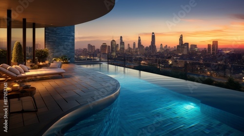 Luxury pool overlooking city skyline at sunset photo