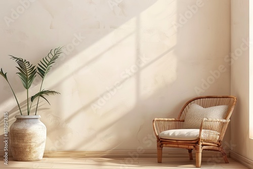 Empty Room with Wicker Chair, Potted Plant, and Sunlight Casting Shadows on White Wall Background