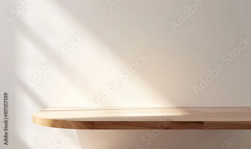 Empty Wooden Table Counter Podium in Front of White Wall, Beautiful Sunlight with Shadow on the Wall.