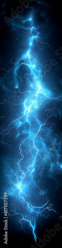 Blue lightning on a black night sky background. 