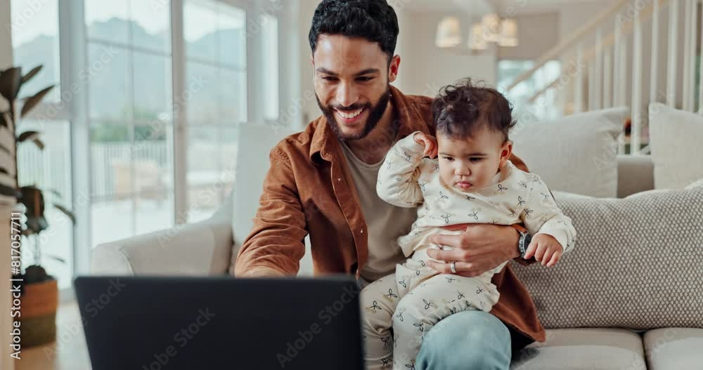 Laptop, baby and home with dad and video for education, learning and youth development. Love, care and father with kid cartoon and website series with family and computer in a living room with movie