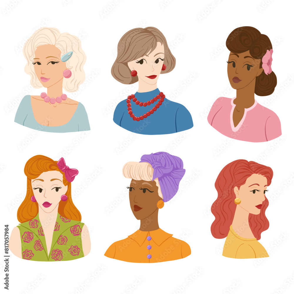 Retro women in flat colorful style. Cartoon illustration with 50s haircut. Hand drawn vector illustration, isolated on white background. Design for beauty salon, cosmetic products. Retro women in flat colorful style. Cartoon illustration with 50s haircut. Hand drawn vector illustration, isolated on white background. Design for beauty salon, cosmetic products.
