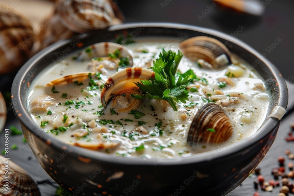 Comforting bowl of homemade clam chowder with fresh parsley