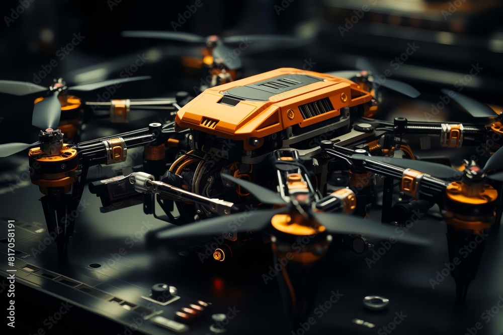 Fototapeta premium High tech lab drones flying over equipment, top view, aerial surveillance, black and white, robotic tone, Split complementary color scheme