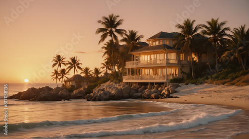  a serene beachfront scene at sunset, featuring elegant houses nestled among palm trees with the sun casting a warm golden glow over the gentle waves and sandy shore