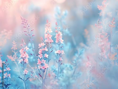 Beautiful spring meadow background with wild flowers, blue and pink pastel colors, blurred, dreamy, gentle, ethereal, fantasy, detailed, delicate, minimalism, high resolution,  © Alia