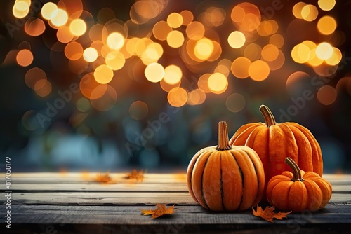 Three Pumpkins on Wooden Table With Bokeh Background