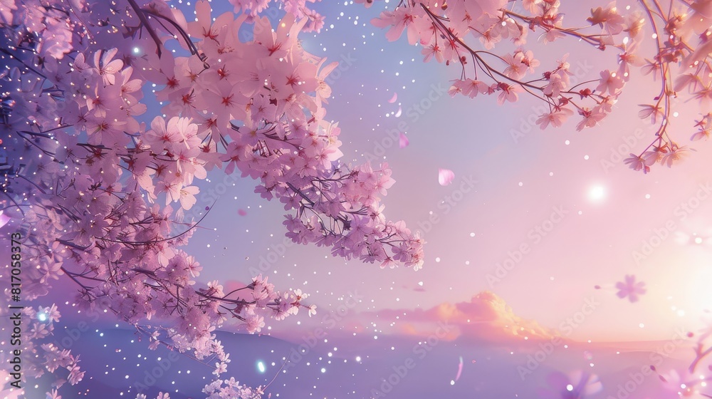 Soft blush pink and lilac gradients cherry blossoms and twinkling stars adorn the backdrop background