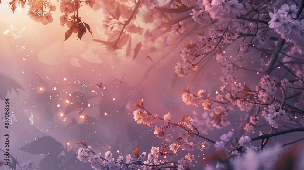 Soft gradients of lavender and rose gold cherry blossoms and twinkling fireflies background