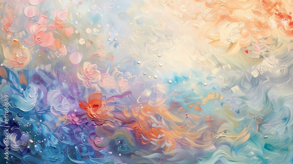 Swirling pastel colors reminiscent of a summer breeze through wildflowers with petals and dewdrops background Swirling pastel colors reminiscent of a summer breeze through wildflowers with petals and dewdrops background