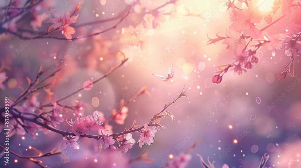 Ethereal backdrop with peach and lavender gradients cherry blossoms and fireflies background Ethereal backdrop with peach and lavender gradients cherry blossoms and fireflies background