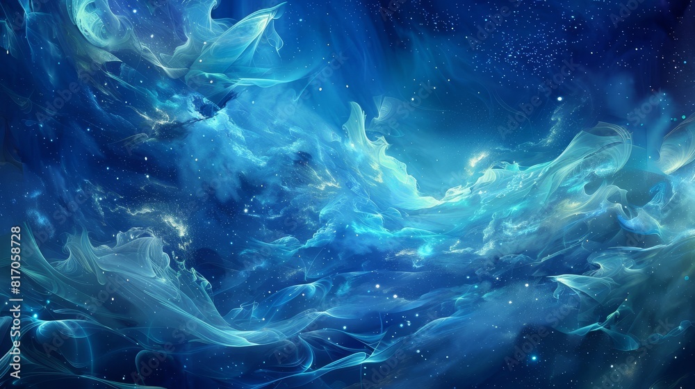 Backdrop with translucent veils in azure and cerulean adorned with galaxies background