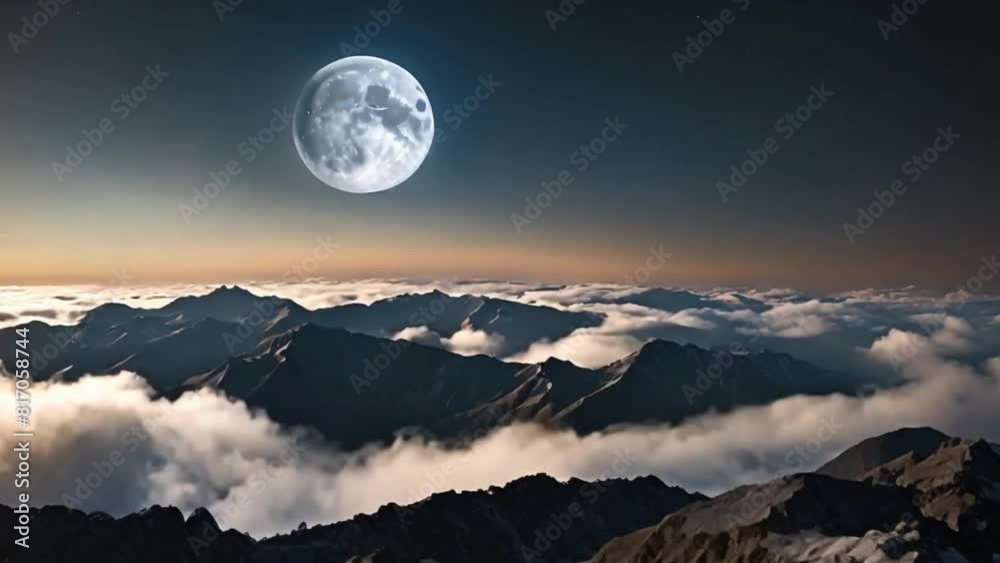 Beautiful Moon in the Sky. Flying Behind the mountain peaks with the Night Moon Shining Seamlessly. Circular 3d Animation with Moonlight Over the Horizon. 4k UltraHD Beautiful Moon in the Sky. Flying Behind the mountain peaks with the Night Moon Shining Seamlessly. Circular 3d Animation with Moonlight Over the Horizon. 4k UltraHD