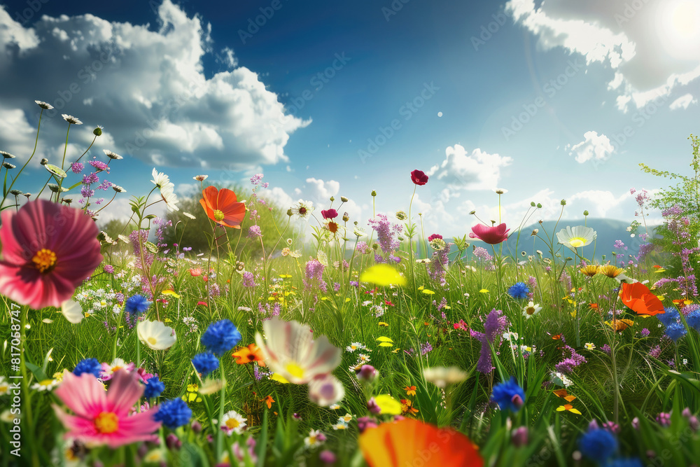 Colorful Field of Wildflowers Blooming Under a Blue Sky