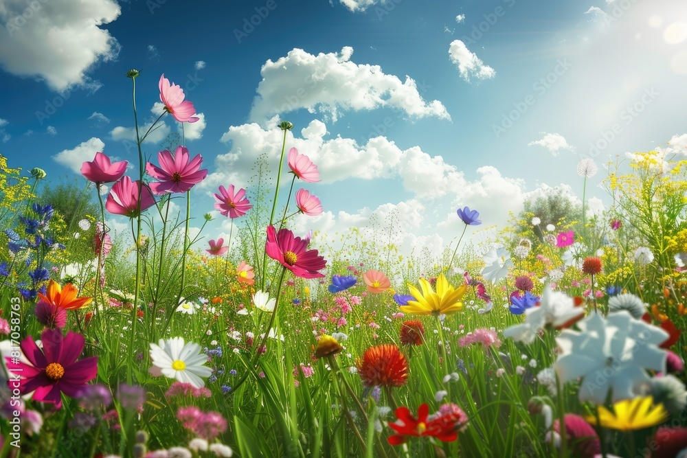 Colorful Field of Wildflowers Blooming Under a Blue Sky Colorful Field of Wildflowers Blooming Under a Blue Sky
