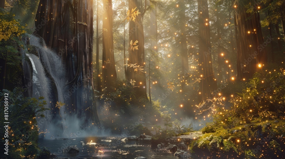 Mesmerizing composition with tendrils of mist through redwoods and waterfalls punctuated by sunlight and fireflies background Mesmerizing composition with tendrils of mist through redwoods and waterfalls punctuated by sunlight and fireflies background