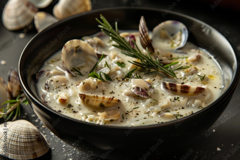 Deliciously rich bowl of clam chowder filled with tender clams