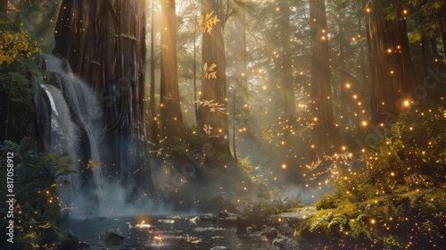 Mesmerizing composition with tendrils of mist through redwoods and waterfalls punctuated by sunlight and fireflies background