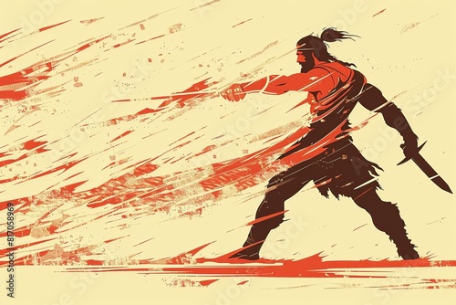 A minimalist illustration of Samson fighting  featuring a stylized figure with flowing hair engaged in combat  depicted with minimal details that emphasize dynamic movement 
