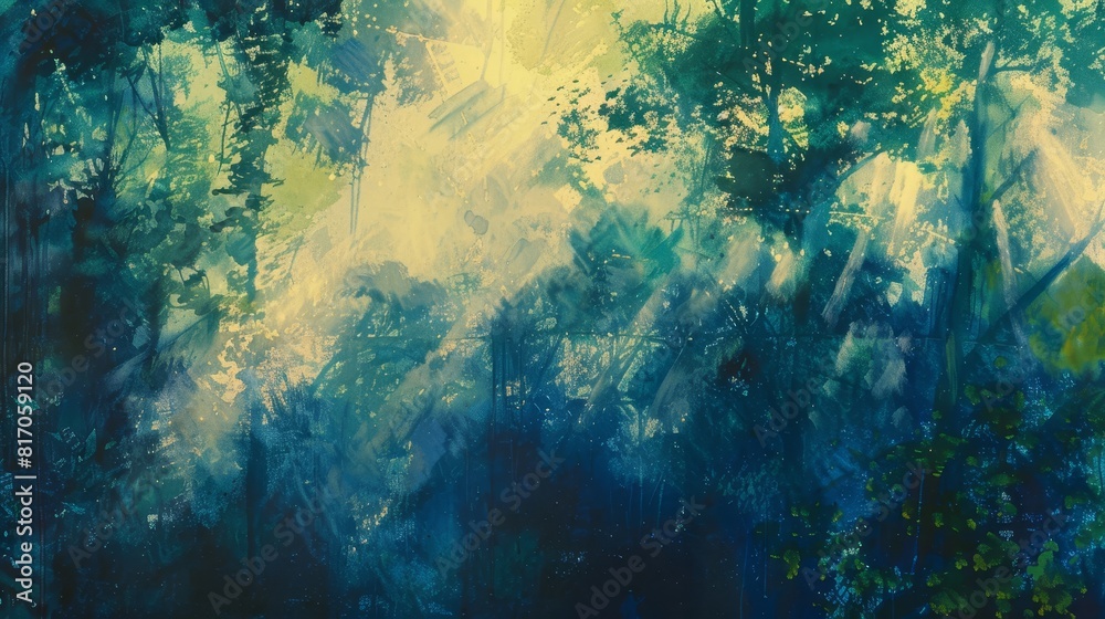 Fototapeta premium Mist shadow layers golden sunlight dense foliage tranquil forest background