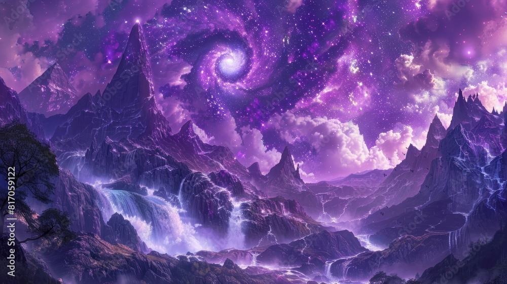 Enigmatic landscape with galaxies cosmic dust clouds towering peaks waterfalls mountain night background