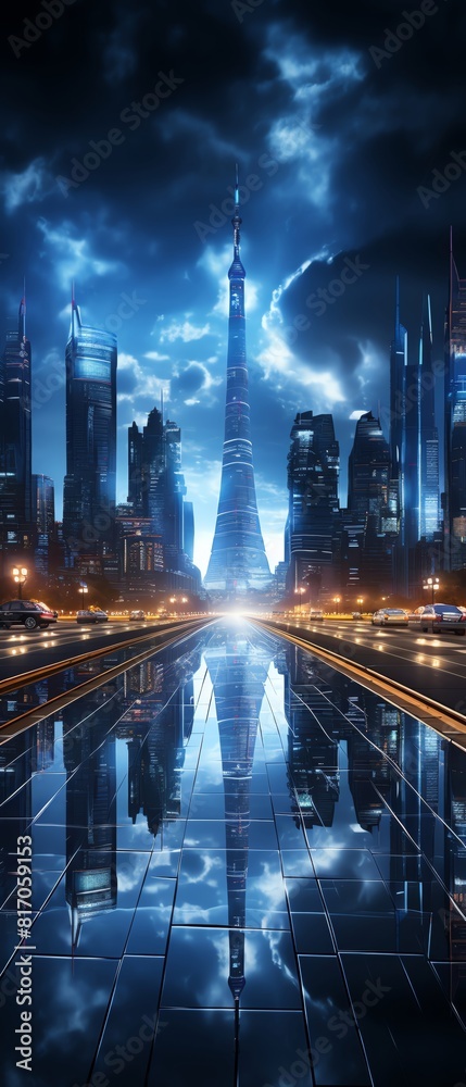 Neon lit streets of Labeled AI run metropolis, front view, urban tech paradise, Monochromatic Color Scheme, advanced tone Neon lit streets of Labeled AI run metropolis, front view, urban tech paradise, Monochromatic Color Scheme, advanced tone