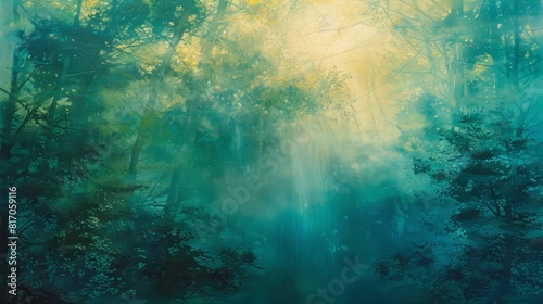 Abstract mist and shadow layers golden sunlight dense forest background