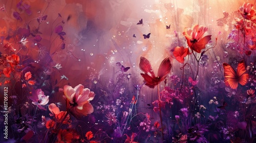 Translucent petals ruby amethyst dewdrops butterflies vibrant meadow background © javier