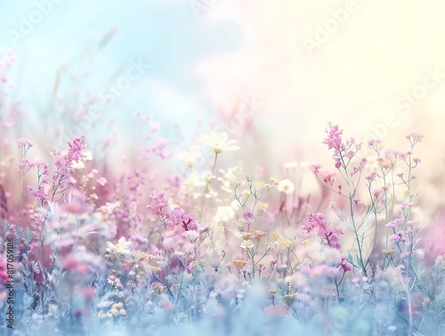 Beautiful spring meadow with wild flowers in pastel colors, blurred background, banner for design © Alia