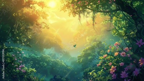 Lush oasis with vines blooms sunlight and hummingbirds background