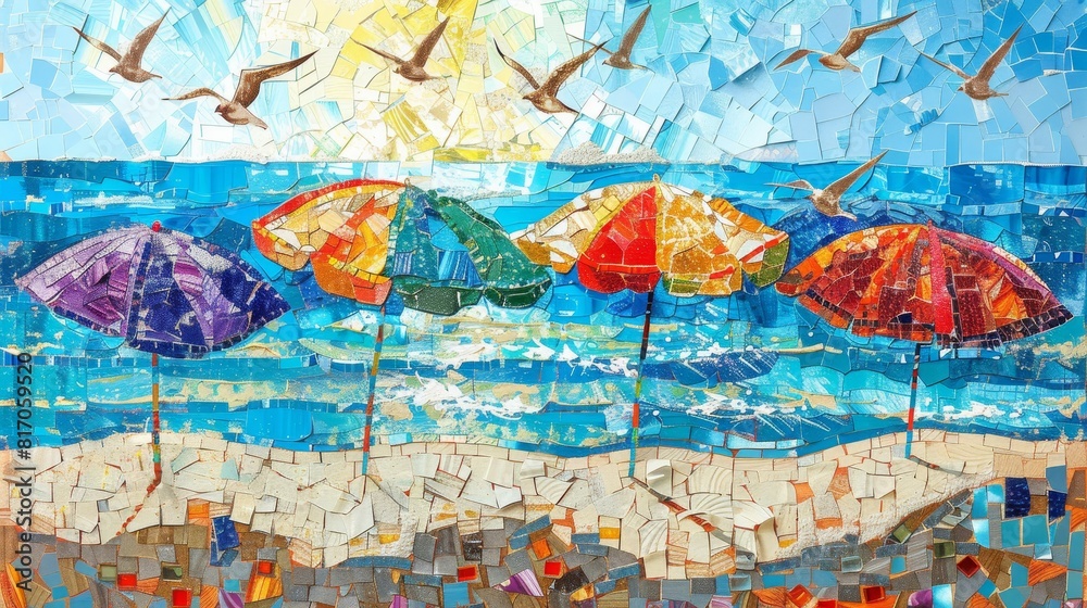 Abstract beach scene: colorful parasols shimmering waves soaring seagulls background Abstract beach scene: colorful parasols shimmering waves soaring seagulls background