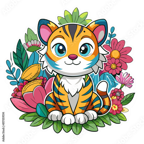 A detailed illustration vector of a cute tiger sticker - Generative AI 