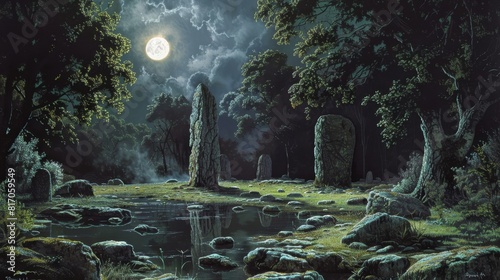Mysterious stone circles and standing stones in moonlit forest background