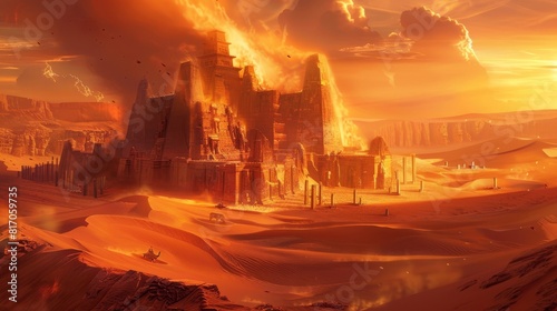 Desert allure: swirling sandstorms ancient temples fiery sunset background