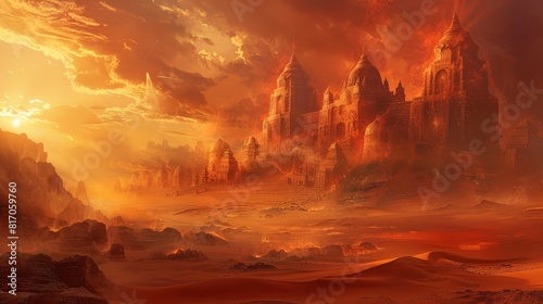Timeless desert  swirling sandstorms ancient temples fiery sunset background