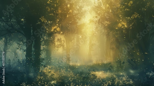 Golden sunlight on misty forest glade evoking serene summer dawn background