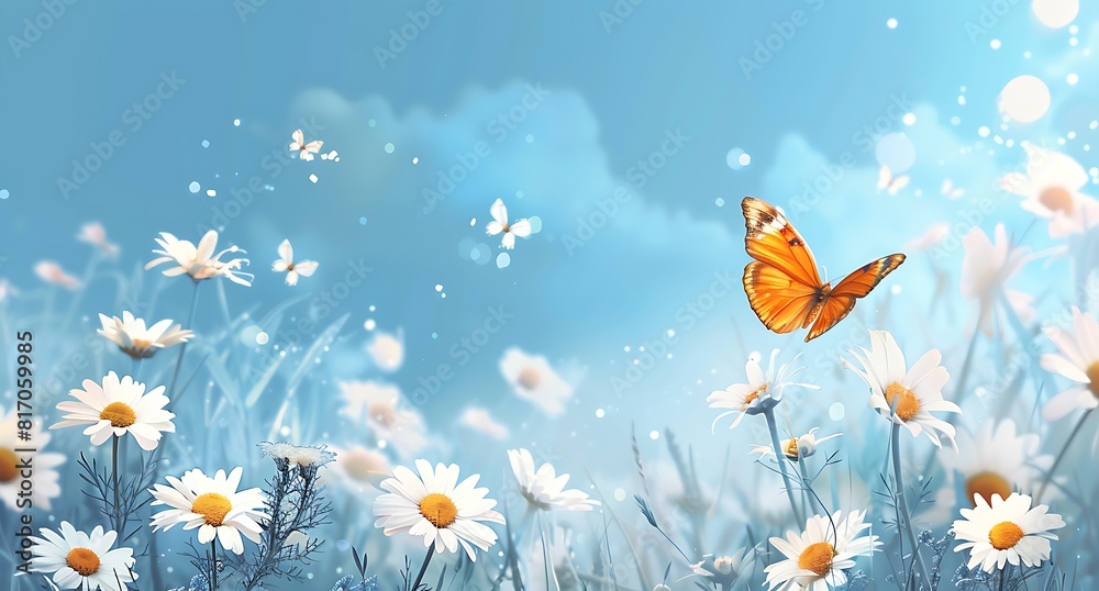 Beautiful spring meadow with daisies and butterfly on blue sky background banner