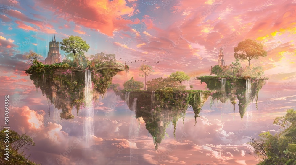 Lush greenery on floating islands under pastel sky whimsical allure background Lush greenery on floating islands under pastel sky whimsical allure background