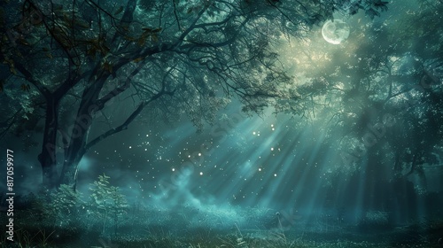 Mystical forest in moonlight sparkling dewdrops enchanted tranquility background