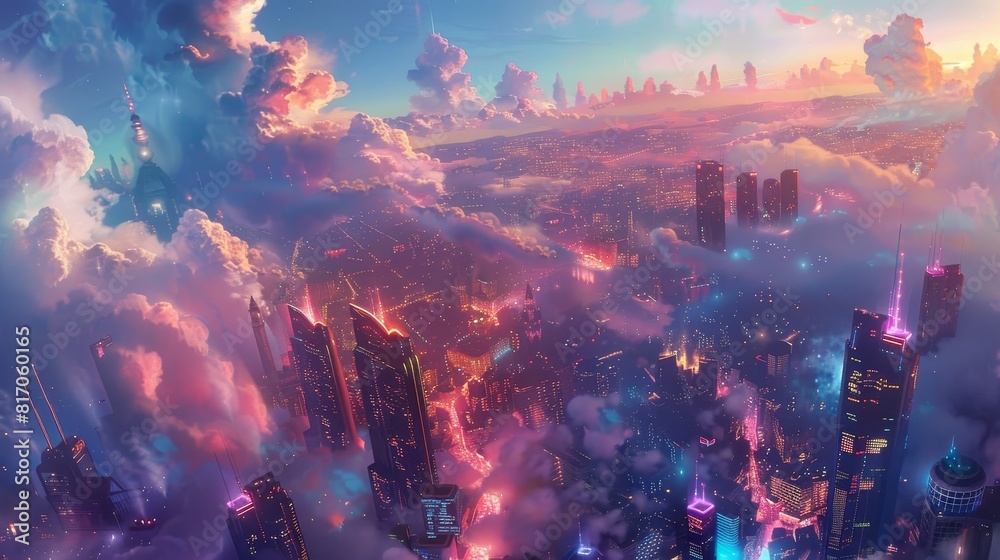 Fototapeta premium Surreal cityscape with neon lights and distant mountains background