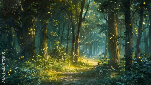 Enchanting forest with luminescent fireflies background