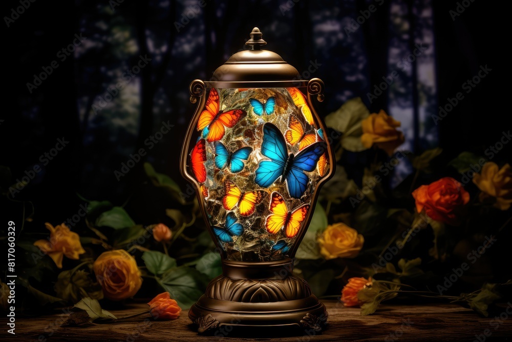 An antique lamp with colorful designs sits on a wooden table, adding a vibrant touch to the room. Generative AI An antique lamp with colorful designs sits on a wooden table, adding a vibrant touch to the room. Generative AI