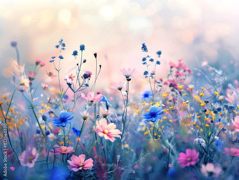 Beautiful spring meadow with wild flowers in pastel colors, blurred background, banner for design
