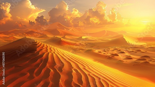 Surreal desert landscape towering dunes golden sunset background