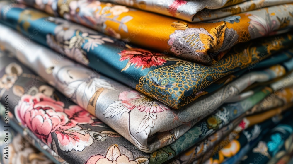 A variety of vibrant silk fabrics neatly stacked on a wooden table, showcasing a range of colors and textures. A variety of vibrant silk fabrics neatly stacked on a wooden table, showcasing a range of colors and textures.